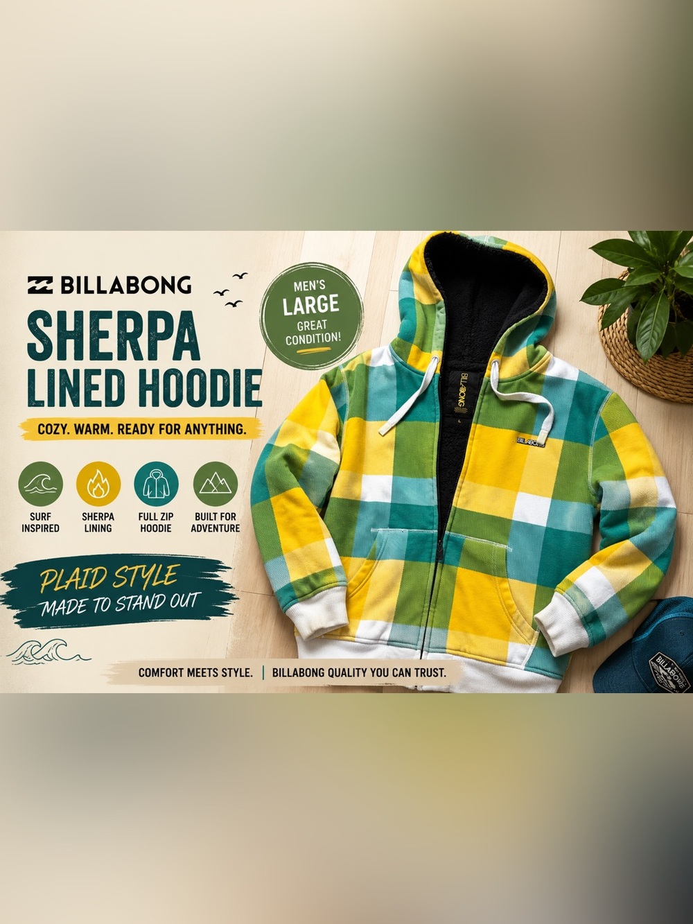 Billabong Sherpa Lined Plaid Hoodie Jacket Men’s Large Green Yellow Full Zip